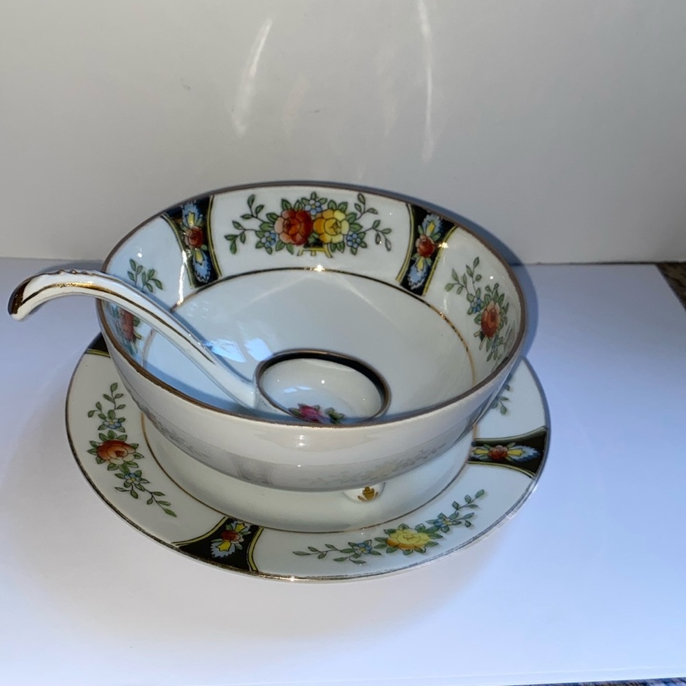 EARLY NIPPON NORITAKE 3 PC MAYO SAUCE DISH SET FLORAL W/GOLD